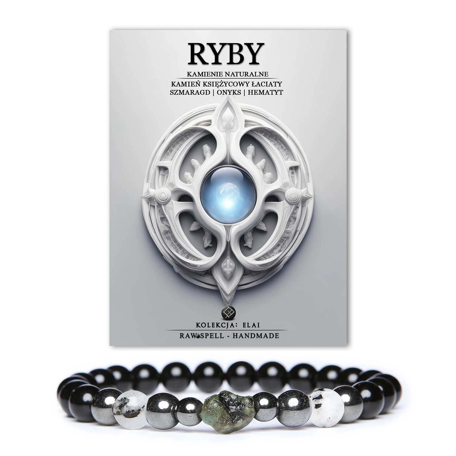 Stylowa bransoletka z kamieni naturalnych, idealna dla osób urodzonych pod znakiem Ryb. Zawiera kamień księżycowy łaciaty, szmaragd, onyks i hematyt grafitowy, dostępna w wersji damskiej i męskiej.