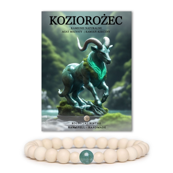 Stylowa bransoletka kojarzona z Koziorożcem, stworzona z kamieni naturalnych: agatu mszystego i kamienia rzecznego, idealna dla kobiet i mężczyzn.