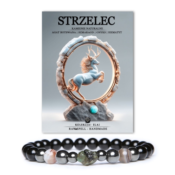 Obrazek przedstawia bransoletkę z kamieni naturalnych z kolekcji Elai dedykowaną dla Strzelca, złożoną z agatów botswańskich, szmaragdów, onyksu i hematytu grafitowego.
