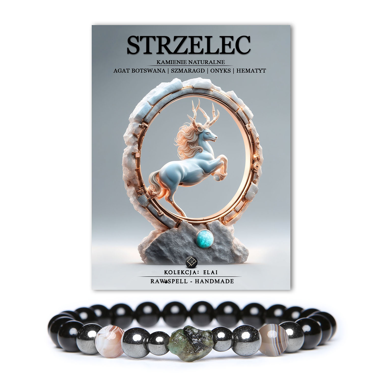 Obrazek przedstawia bransoletkę z kamieni naturalnych z kolekcji Elai dedykowaną dla Strzelca, złożoną z agatów botswańskich, szmaragdów, onyksu i hematytu grafitowego.