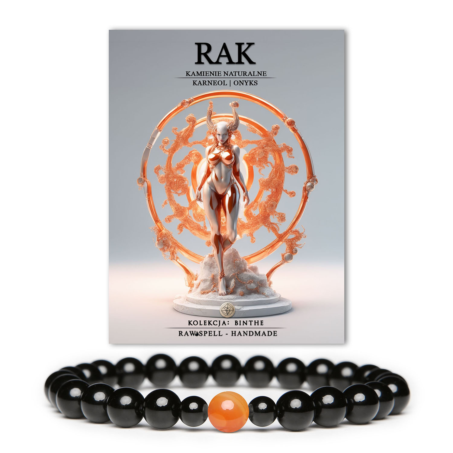 Elegancka bransoletka z kamieni naturalnych dla Raka. Kolekcja Binthe z karneolem i onyksami, idealna dla mężczyzn i kobiet.