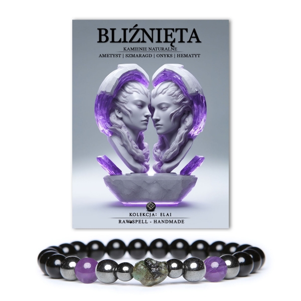 Bransoletka dla Bliźniąt z kamieni naturalnych: ametyst i szmaragd. Odkryj elegancję kolekcji Elai w wersji damskiej i męskiej.