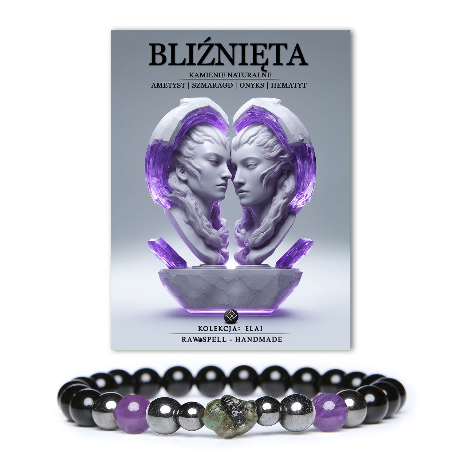Bransoletka dla Bliźniąt z kamieni naturalnych: ametyst i szmaragd. Odkryj elegancję kolekcji Elai w wersji damskiej i męskiej.