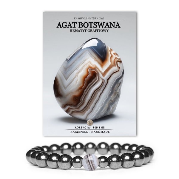 Bransoletka z kolekcji Binthe, wykonana z agatu botswanskiego i hematytu grafitowego, idealna dla kobiet i mężczyzn.