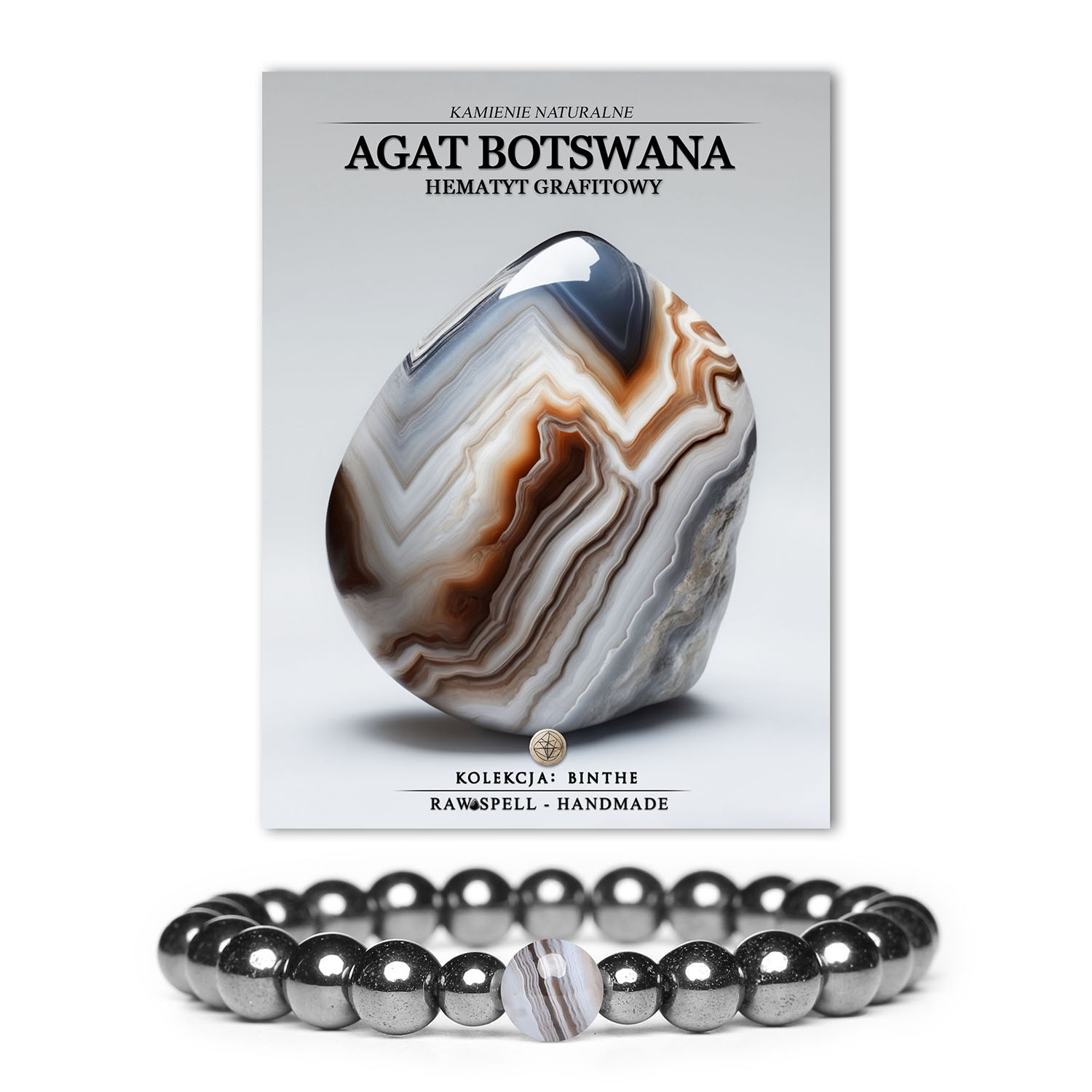 Bransoletka z kolekcji Binthe, wykonana z agatu botswanskiego i hematytu grafitowego, idealna dla kobiet i mężczyzn.