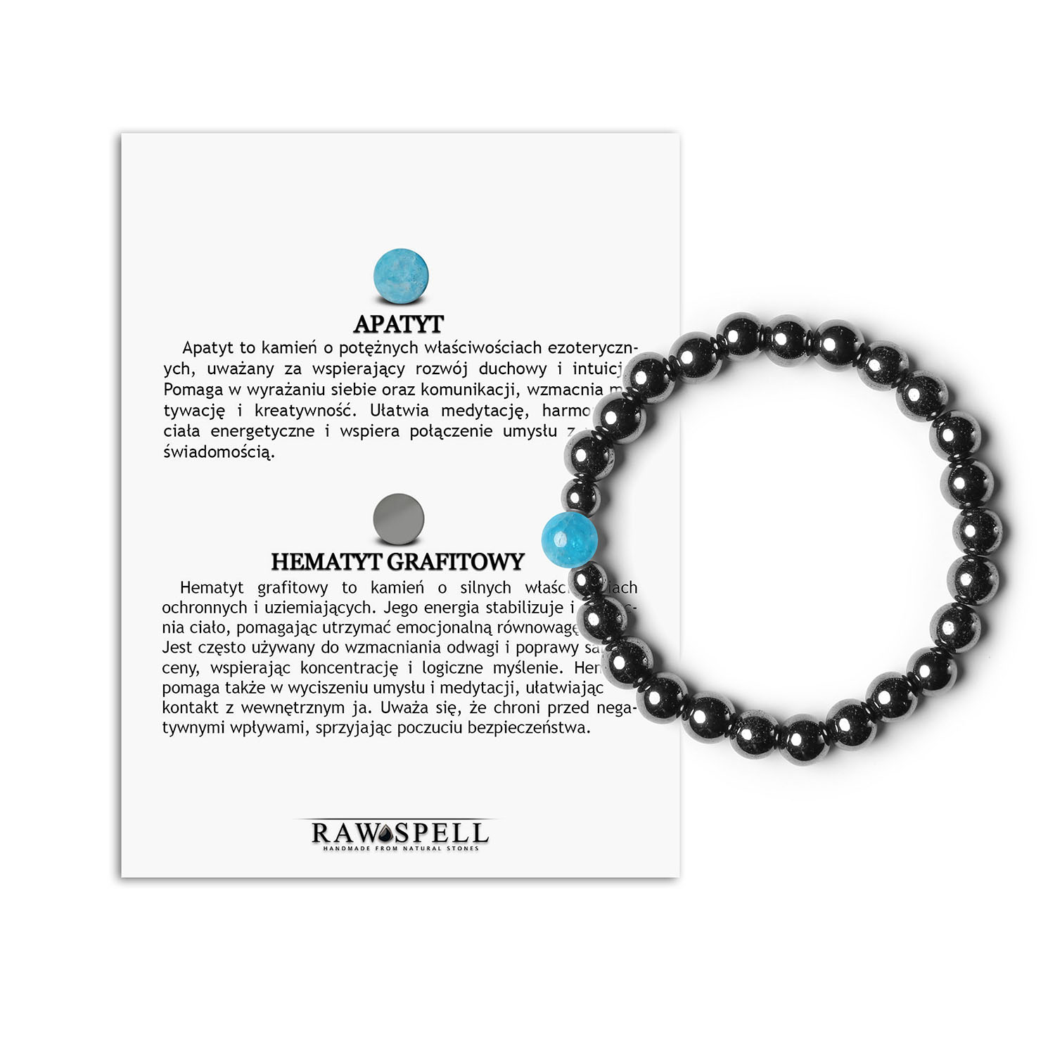 Bransoletka z kolekcji Binthe Apatyt oraz grafitowy hematyt – stylowe kamienie dla niego i niej Elegancka bransoletka damska i męska z kolekcji Binthe, stworzona z kamieni naturalnych: hematytu grafitowego i apatytu.