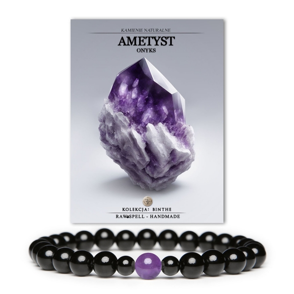 Bransoletka z kolekcji Binthe, ozdobiona ametystem i onyksem, idealna zarówno dla kobiet, jak i mężczyzn.