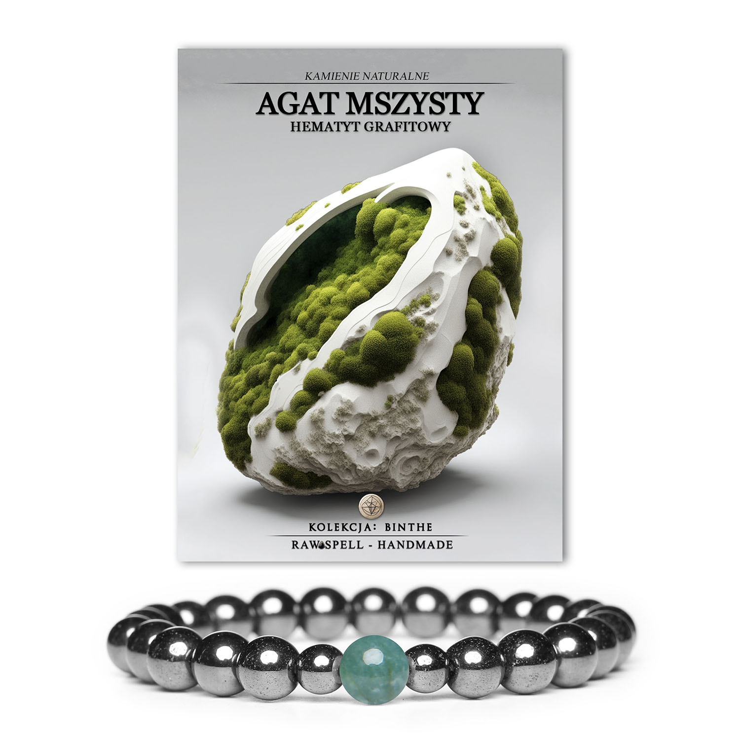 Bransoletka damska i męska z kolekcji Binthe, wykonana z naturalnych kamieni: agat mszysty i hematyt grafitowy.