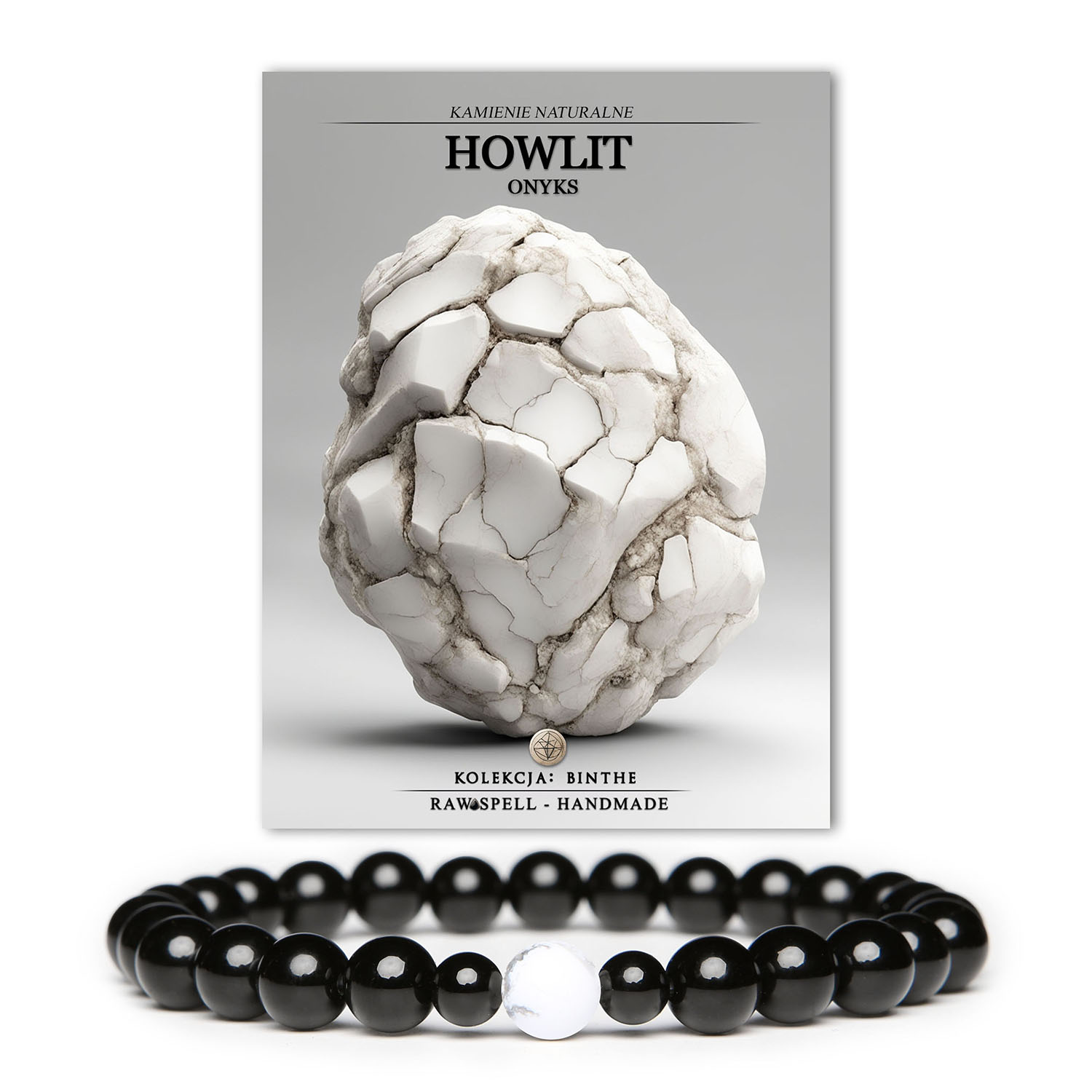 Elegancka bransoletka damska i męska z kolekcji Binthe, stworzona z howlitu i onyksu.