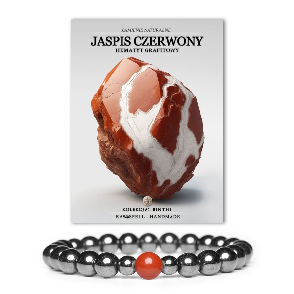 Bransoletka z kolekcji Binthe, składająca się z czerwonego jaspisu i grafitowego hematytu, ozdobiona naturalnymi kamieniami.