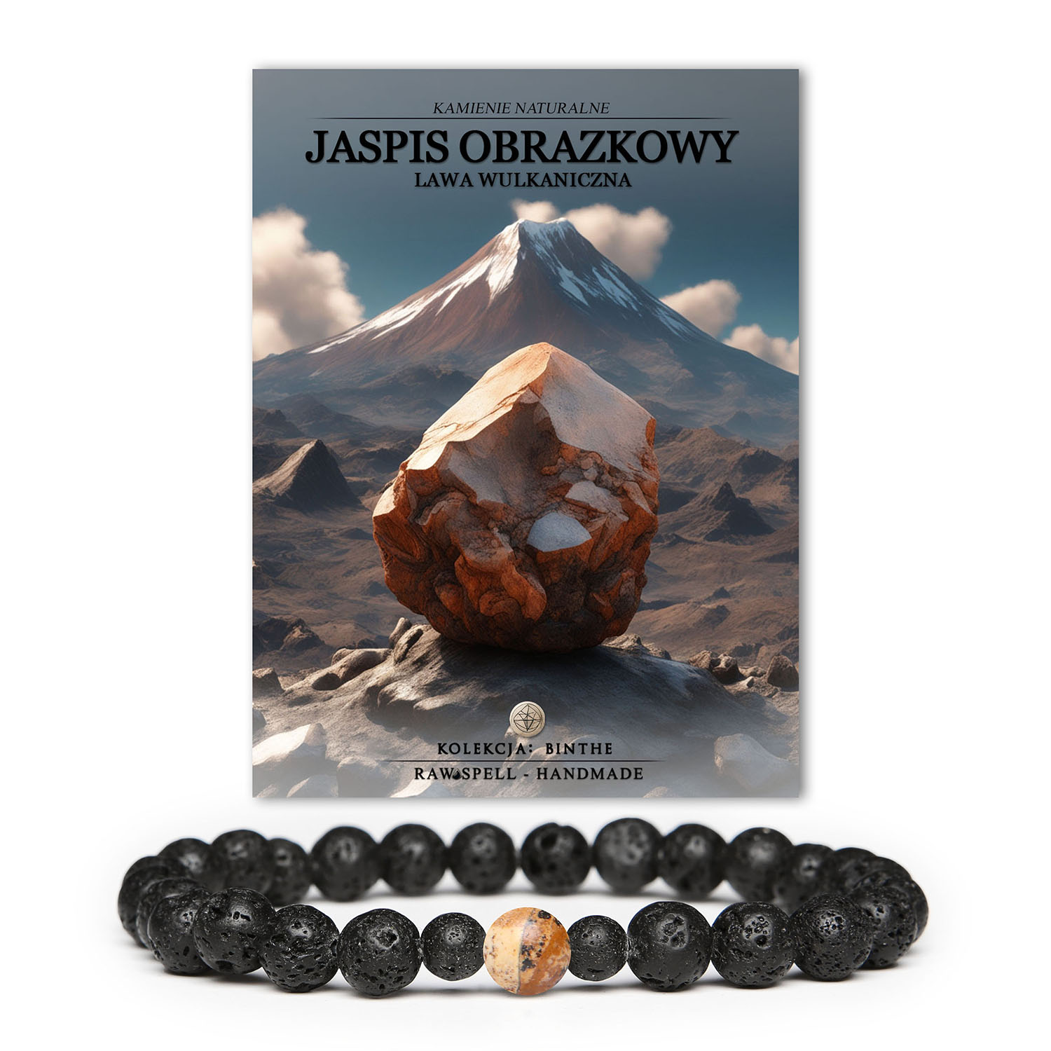 Bransoletka Binthe z naturalnych kamieni: jaspis obrazkowy i lawa wulkaniczna, dla kobiet i mężczyzn, podkreślająca indywidualny styl.