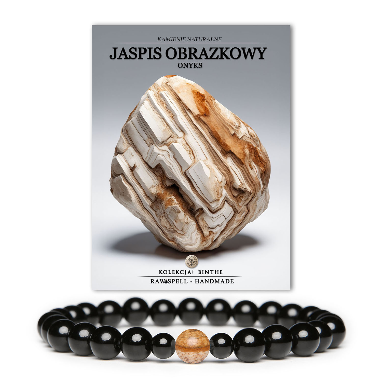 Elegancka bransoletka z jaspisu obrazkowego i onyksu z kolekcji Binthe, przeznaczona dla kobiet i mężczyzn, łącząca nowoczesny design z naturalnymi kamieniami.