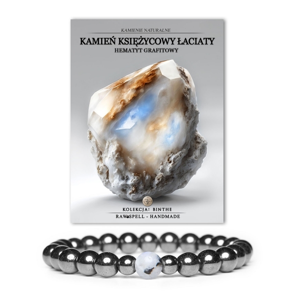 Bransoletka z kolekcji Binthe z kamieniem księżycowym i hematytem grafitowym, stworzona z naturalnych kamieni, dostępna w wersji damskiej i męskiej.