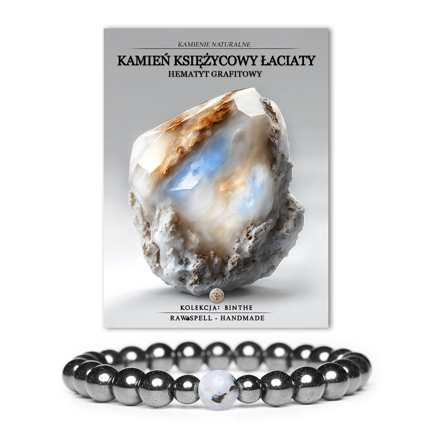 Bransoletka z kolekcji Binthe z kamieniem księżycowym i hematytem grafitowym, stworzona z naturalnych kamieni, dostępna w wersji damskiej i męskiej.