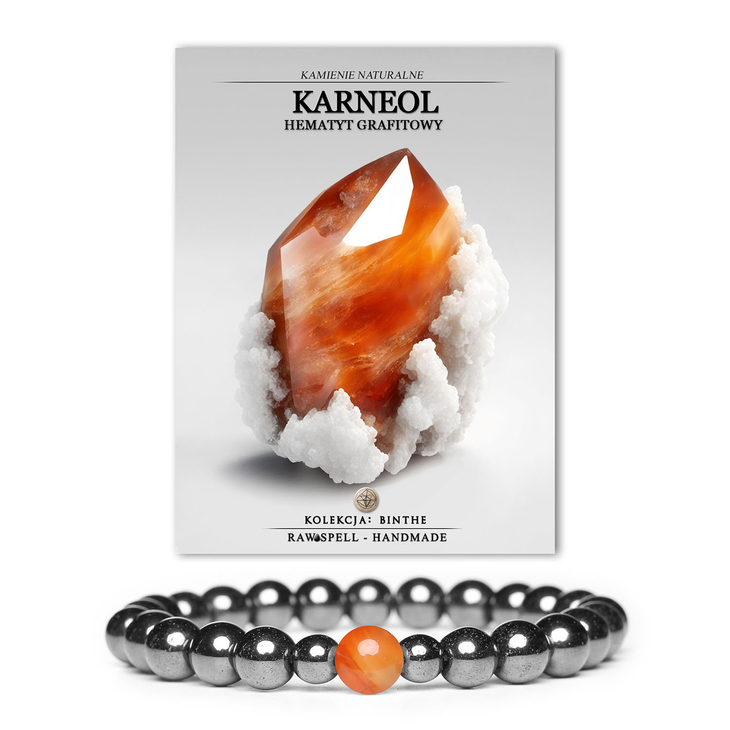 Elegancka bransoletka Binthe z kamieniami naturalnymi: karneol i hematyt w grafitowej tonacji, doskonała zarówno dla kobiet, jak i mężczyzn.