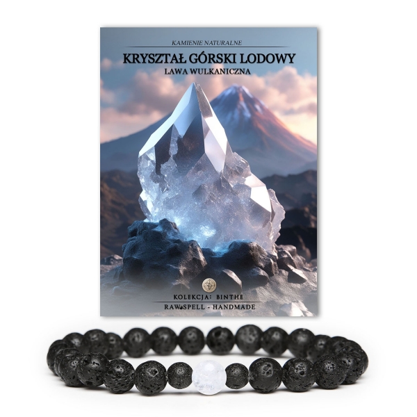 Bransoletka Binthe z Kryształem Górskim Lodowym i Lawą Wulkaniczną, dostępna w wersji damskiej i męskiej.