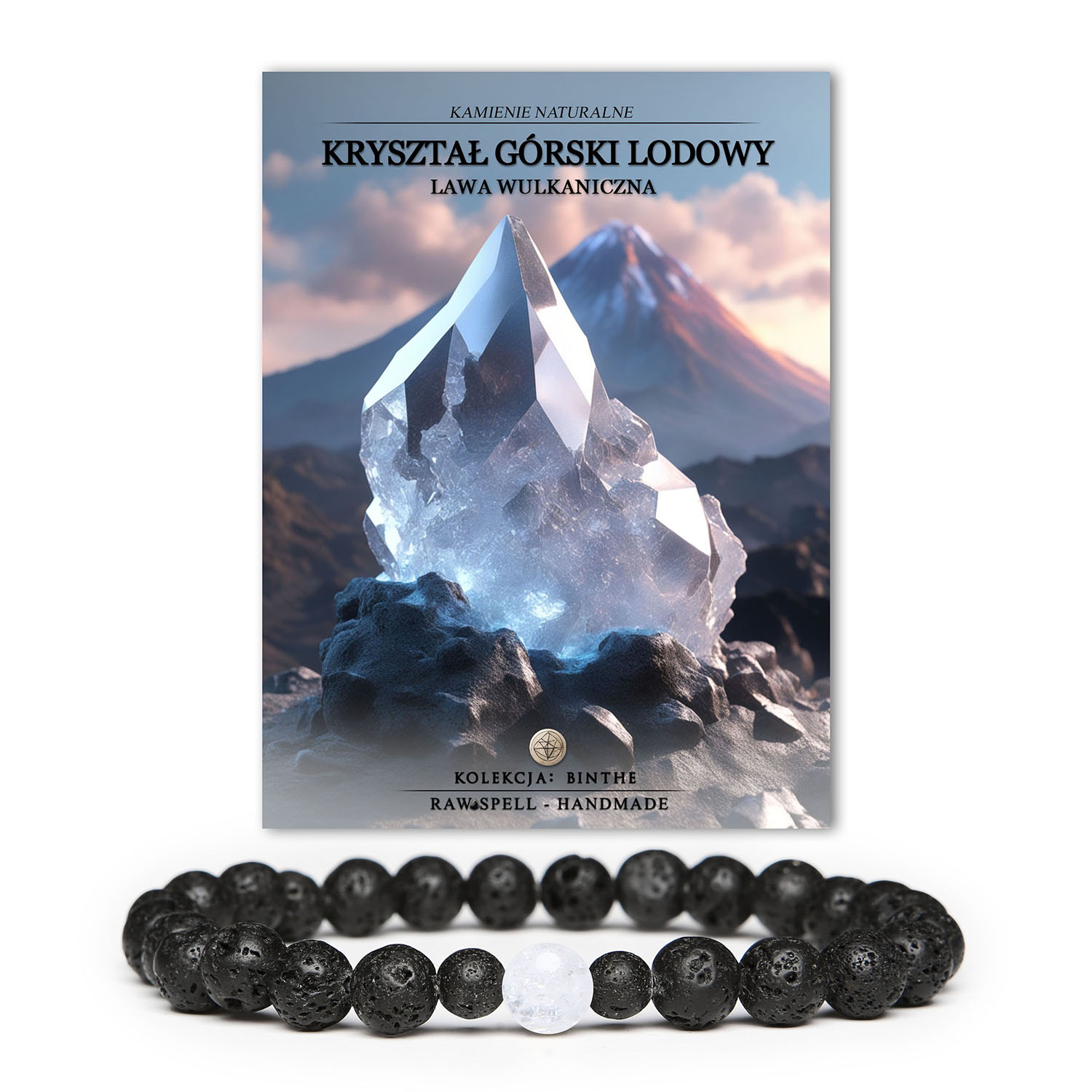 Bransoletka Binthe z Kryształem Górskim Lodowym i Lawą Wulkaniczną, dostępna w wersji damskiej i męskiej.