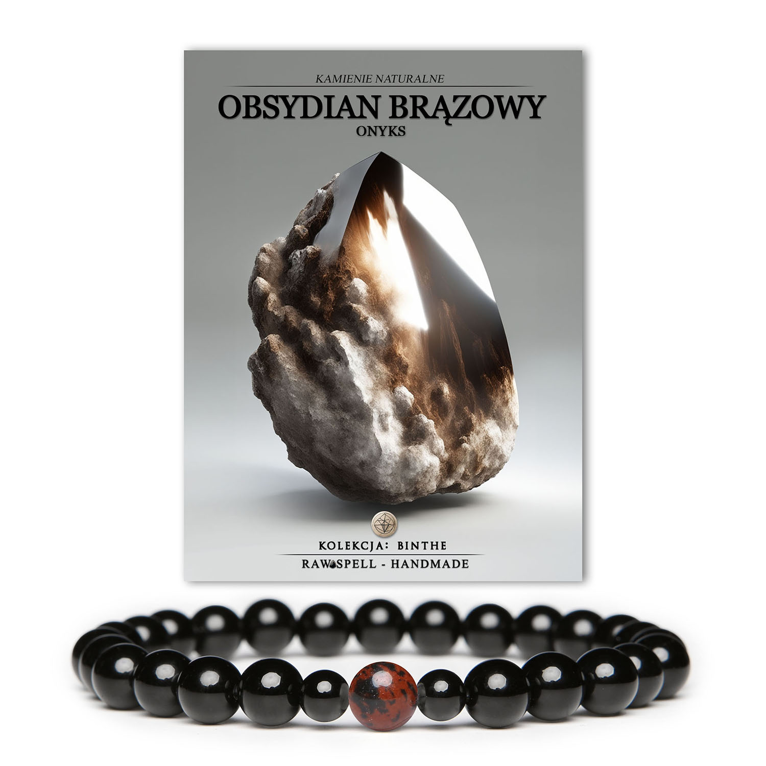 Bransoletka z kolekcji Binthe, zdobiona brązowym obsydianem i onyksami, doskonała dla obu płci.