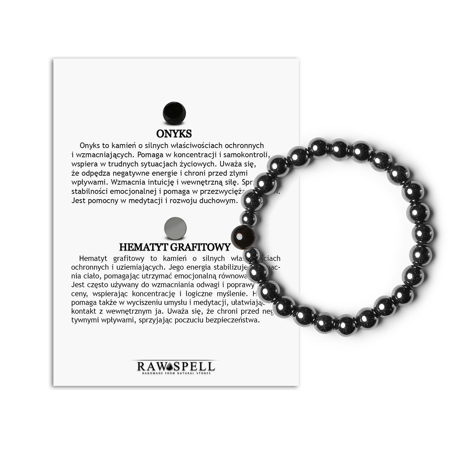 Bransoletka z kolekcji Binthe Onyks i hematyt grafitowy - elegancja w naturalnym wydaniu Stylowa bransoletka Binthe, wykonana z onyksu i hematytu grafitowego, doskonała dla kobiet i mężczyzn, którzy cenią naturalne materiały.