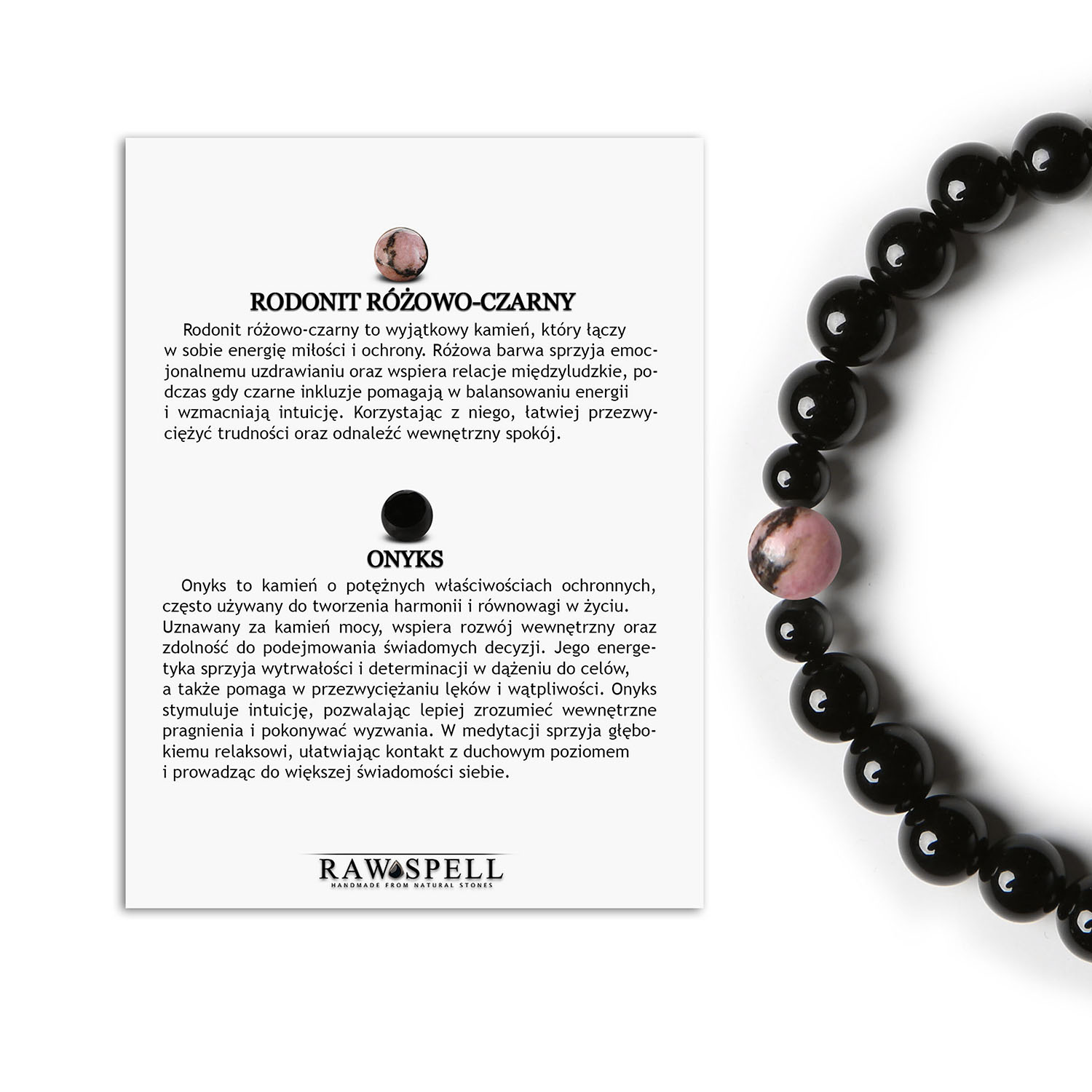 Bransoletka z kolekcji Binthe Połączenie rodonitu różowo-czarnego i onyksu - modny wybór dla niego i dla niej Unikalna bransoletka z kolekcji Binthe, łącząca rodonit w różowo-czarnym odcieniu z onyksami, dedykowana zarówno dla kobiet, jak i mężczyzn.