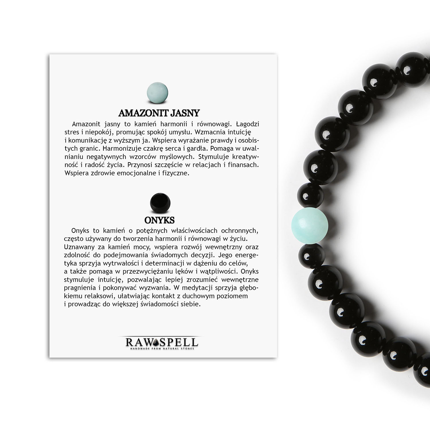 Bransoletka z kolekcji Binthe Unikalne połączenie Amazonitu Jasnego oraz Onyksu - unisex Bransoletka z jasnym amazonitem i onyksami z kolekcji Binthe, dostępna w wersji damskiej i męskiej, łącząca nowoczesny design z klasycznym stylem.