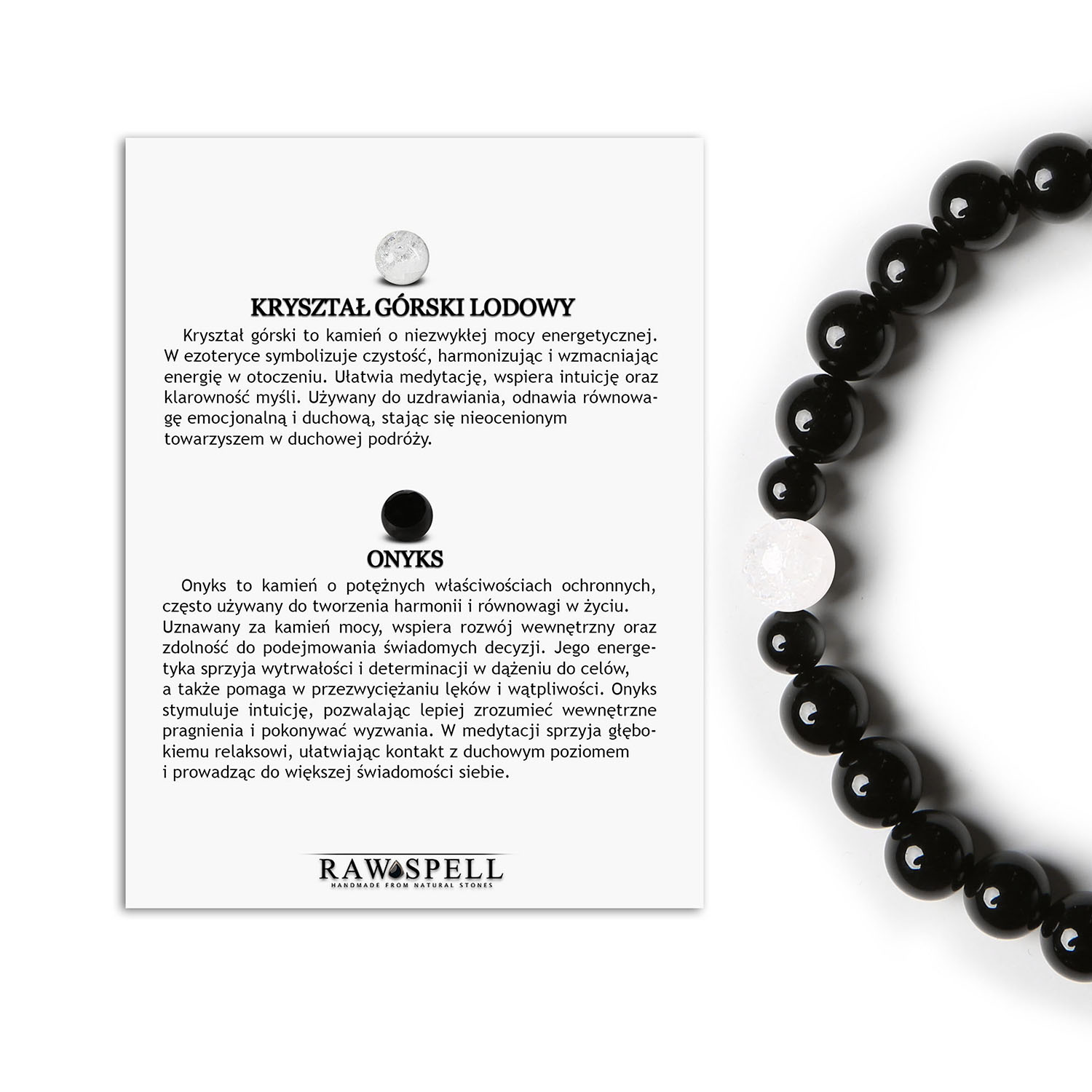 Bransoletka z kolekcji Binthe połączenie Kryształu Górskiego Lodowego i Onyksu dla kobiet i mężczyzn Elegancka bransoletka Binthe dla kobiet i mężczyzn, zdobiona kryształem górskim lodowym oraz onyksami.