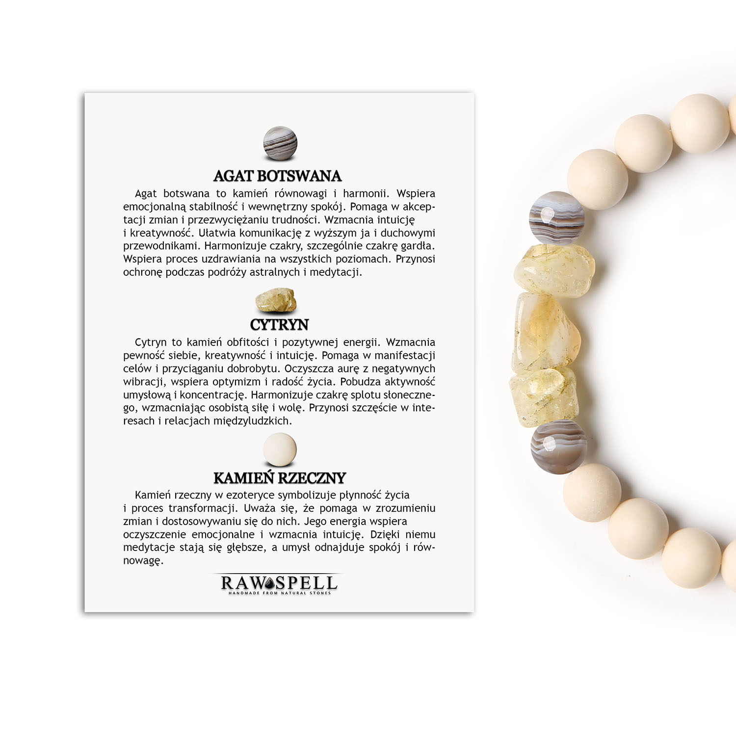 Bransoletka z kolekcji Cymiri Agat Botswana, Cytryn, Kamień Rzeczny. Naturalna elegancja dla Mężczyzn i Kobiet Bransoletka Cymiri z naturalnych kamieni dla mężczyzn i kobiet, wykonana z Agatu Botswana, Cytrynu i Kamienia Rzecznego.