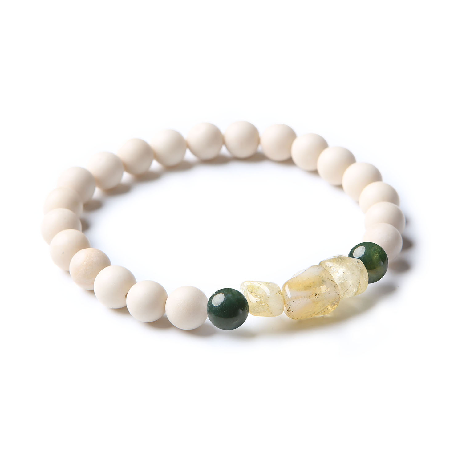 Elegancka bransoletka unisex z kolekcji Cymiri, zdobiona naturalnymi kamieniami: agat mszysty, cytryn oraz kamień rzeczny.