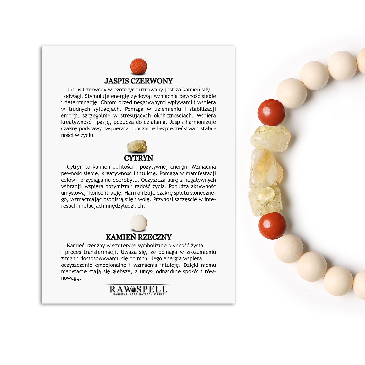 Bransoletka z kolekcji Cymiri naturalne kamienie Jaspis Czerwony, Cytryn, Kamień Rzeczny. Dla Niej i dla Niego Bransoletka męska i damska z kolekcji Cymiri, wykonana z naturalnych kamieni: jaspisu czerwonego, cytrynu i kamienia rzecznego.