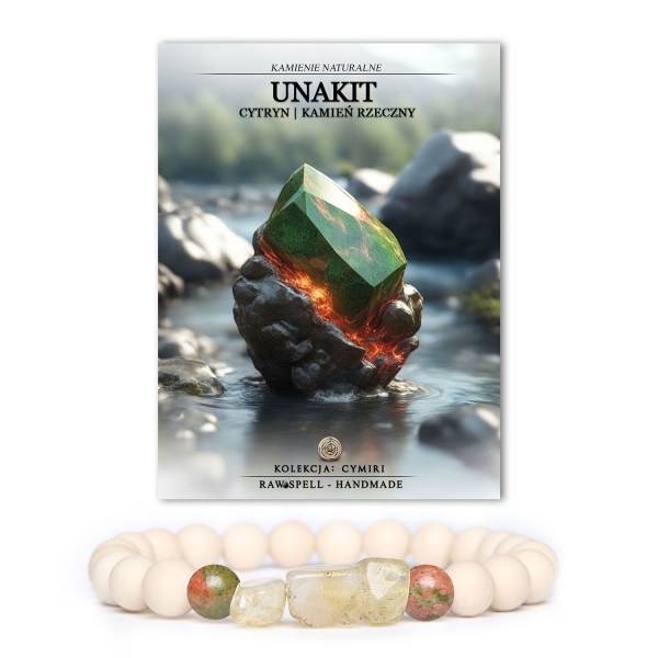 Naturalna bransoletka unisex z kolekcji Cymiri z minerałów: unakit, cytryn i kamień rzeczny, doskonała na prezent.