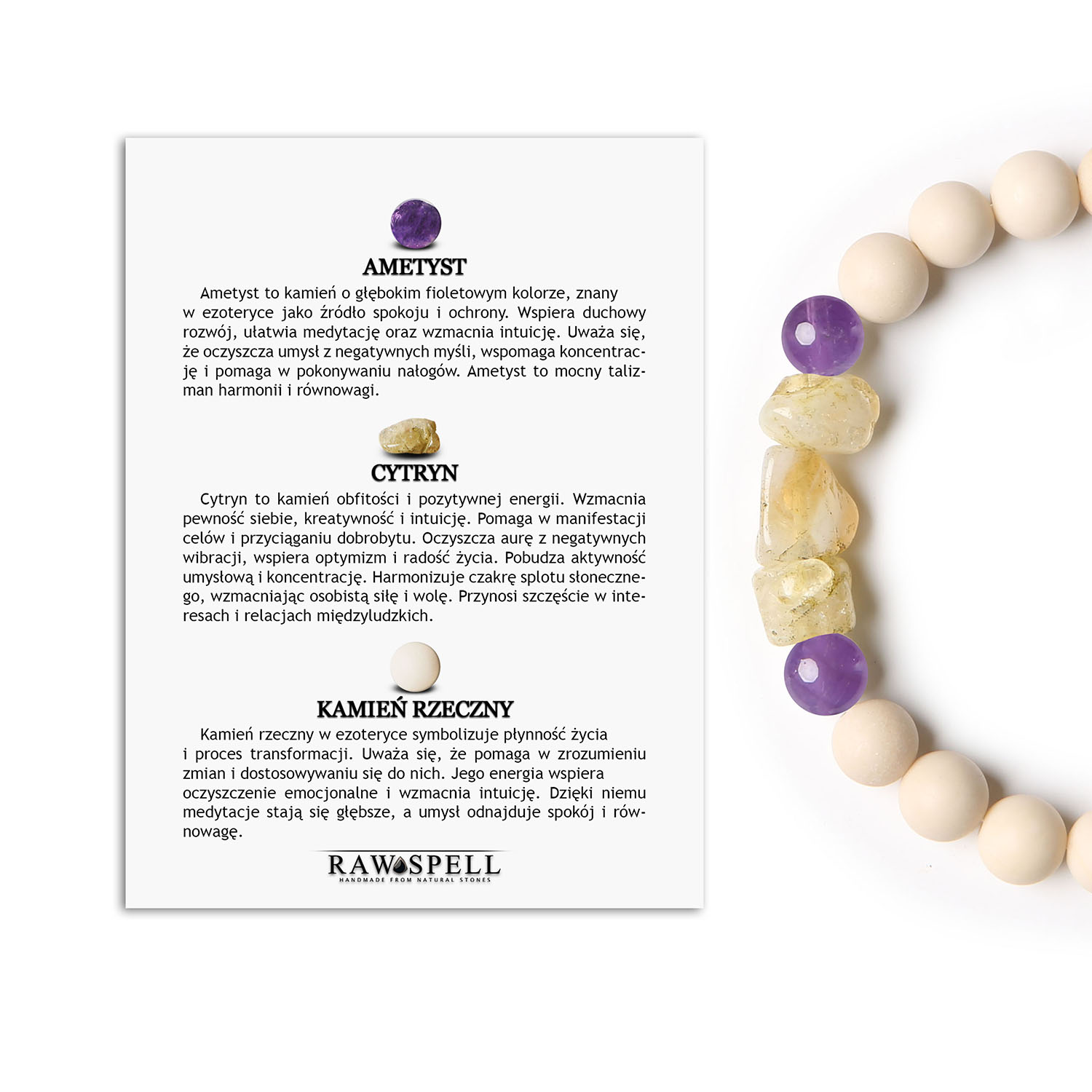 Bransoletka z kolekcji Cymiri z ametystu, cytrynu i kamienia rzecznego – unikalny dodatek dla mężczyzn i kobiet Bransoletka Cymiri z naturalnych kamieni dla mężczyzn i kobiet, ozdobiona ametystem, cytrynem i kamieniem rzecznym.