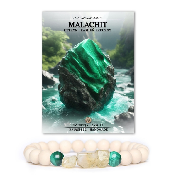 Stylowa bransoletka Cymiri z naturalnych kamieni, w tym malachitem, cytrynem i kamieniem rzecznym, doskonała dla każdego, kto ceni unikalne dodatki.