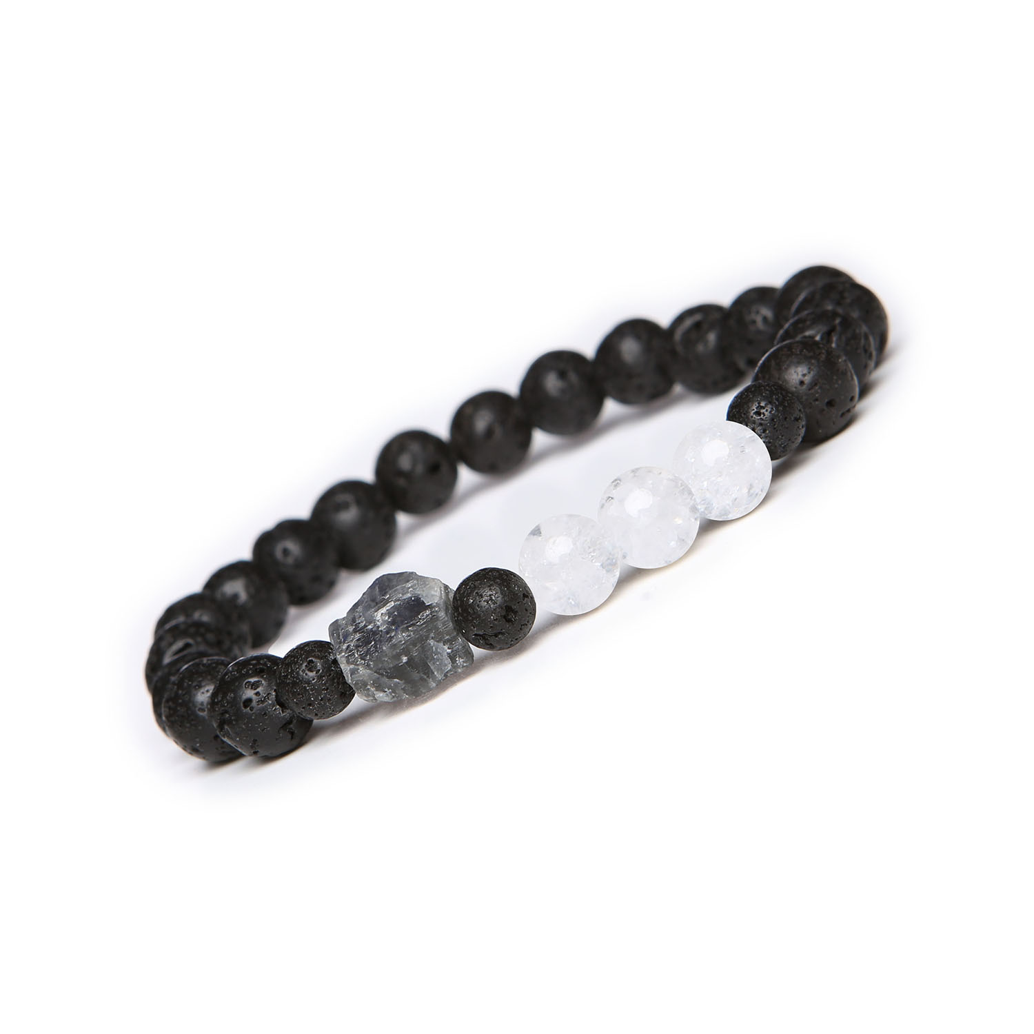 Bransoletka z kolekcji Derdr Kryształ Górski Lodowy, Labradoryt i Lawa Wulkaniczna. Naturalne kamienie dla niej i dla niego Stylowa bransoletka Derdr z naturalnymi kamieniami: kryształ górski lodowy, labradoryt i lawa wulkaniczna, dedykowana dla płci obojga.