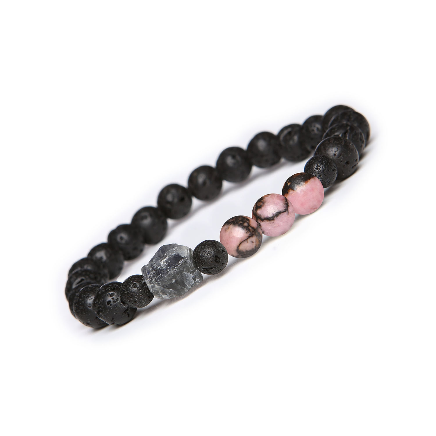 Bransoletka z kolekcji Derdr Rodonit Różowo-Czarny, Labradoryt, Lawa Wulkaniczna. Naturalne kamienie dla niej i niego Bransoletka z kolekcji Derdr, wykonana z naturalnych kamieni: różowo-czarny rodonit, labradoryt oraz lawa wulkaniczna - idealna dla kobiet i mężczyzn.