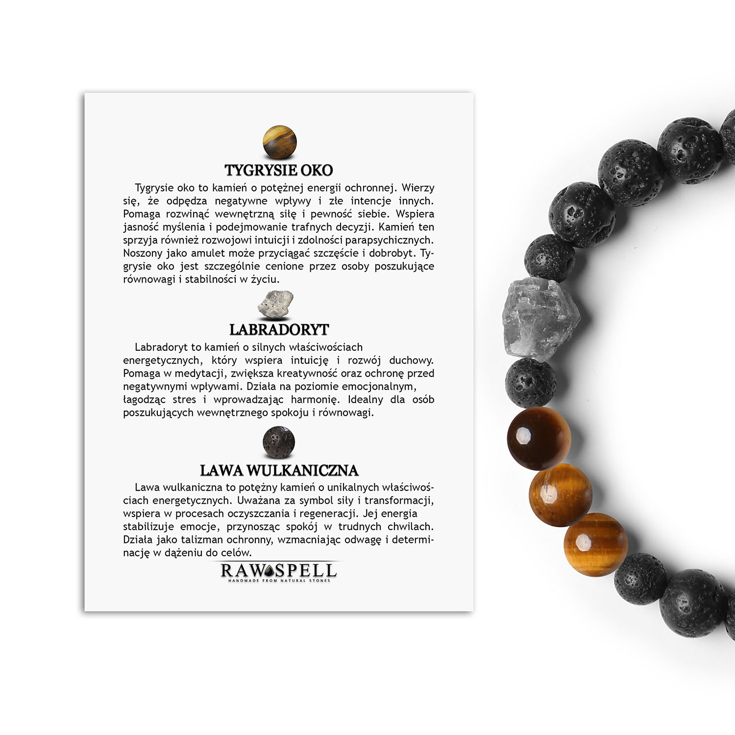 Bransoletka z kolekcji Derdr Tygrysie Oko, Labradoryt, Lawa Wulkaniczna. Naturalne kamienie damskie i męskie w jednym Elegancka bransoletka z kamieni naturalnych: tygrysie oko, labradoryt i lawa wulkaniczna z kolekcji Derdr, uniwersalna dla kobiet i mężczyzn.