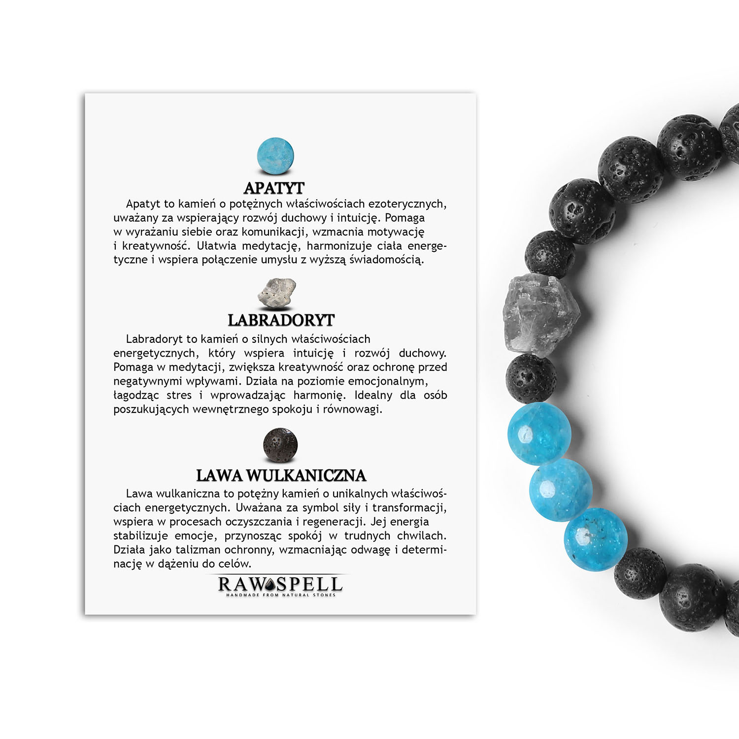 Bransoletka z kolekcji Derdr - apatyt, labradoryt i lawa wulkaniczna. Damska i męska, z naturalnymi kamieniami dla Ciebie Elegancka bransoletka z kolekcji Derdr, łącząca apatyt, labradoryt i lawę wulkaniczną, unisex, dla miłośników biżuterii z naturalnych kamieni.