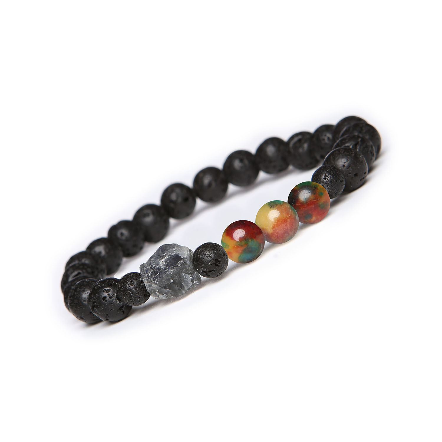 Bransoletka z kolekcji Derdr kolorowy agat, labradoryt i lawa wulkaniczna. Naturalne kamienie dla kobiet i mężczyzn Damska i męska bransoletka Derdr z różnorodnymi kamieniami naturalnymi: kolorowy agat w odcieniach czerwieni, żółtego i zielonego, labradoryt oraz lawa wulkaniczna.