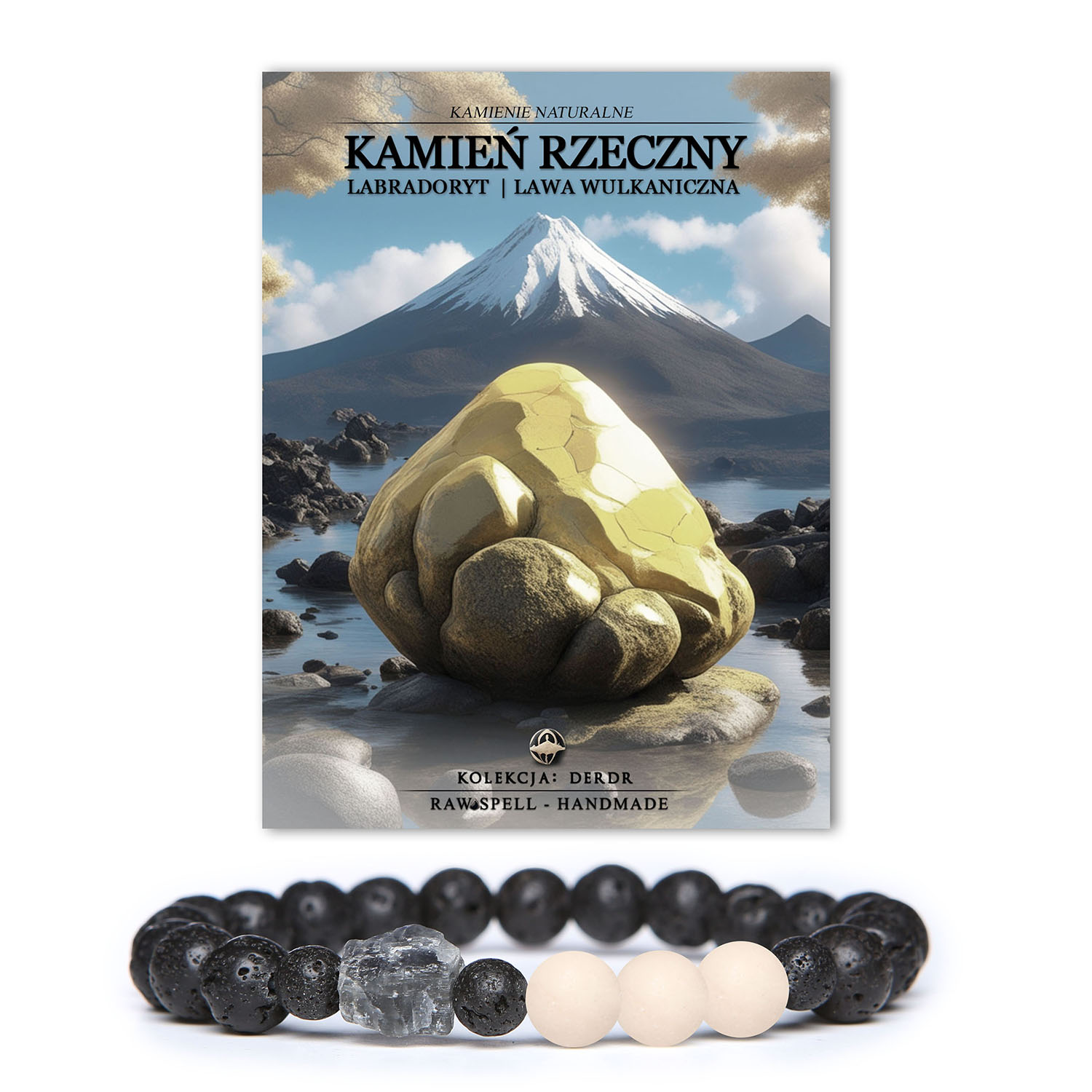 Bransoletka Derdr z naturalnych kamieni, w tym Rzeczny i Labradoryt, oraz Lawa Wulkaniczna, w wersji unisex dla każdego.