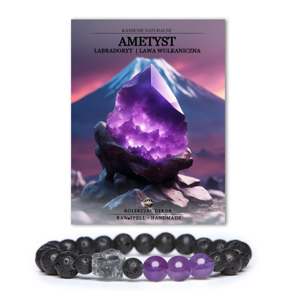 Bransoletka z kolekcji Derdr wykonana z naturalnych kamieni: ametyst, labradoryt oraz lawa wulkaniczna, idealna dla kobiet i mężczyzn.
