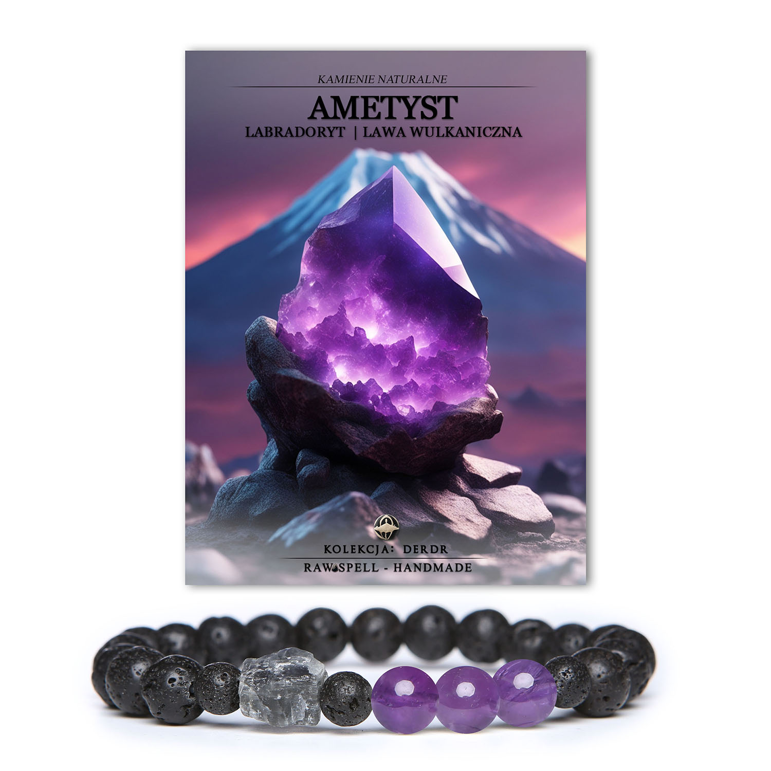 Bransoletka z kolekcji Derdr wykonana z naturalnych kamieni: ametyst, labradoryt oraz lawa wulkaniczna, idealna dla kobiet i mężczyzn.