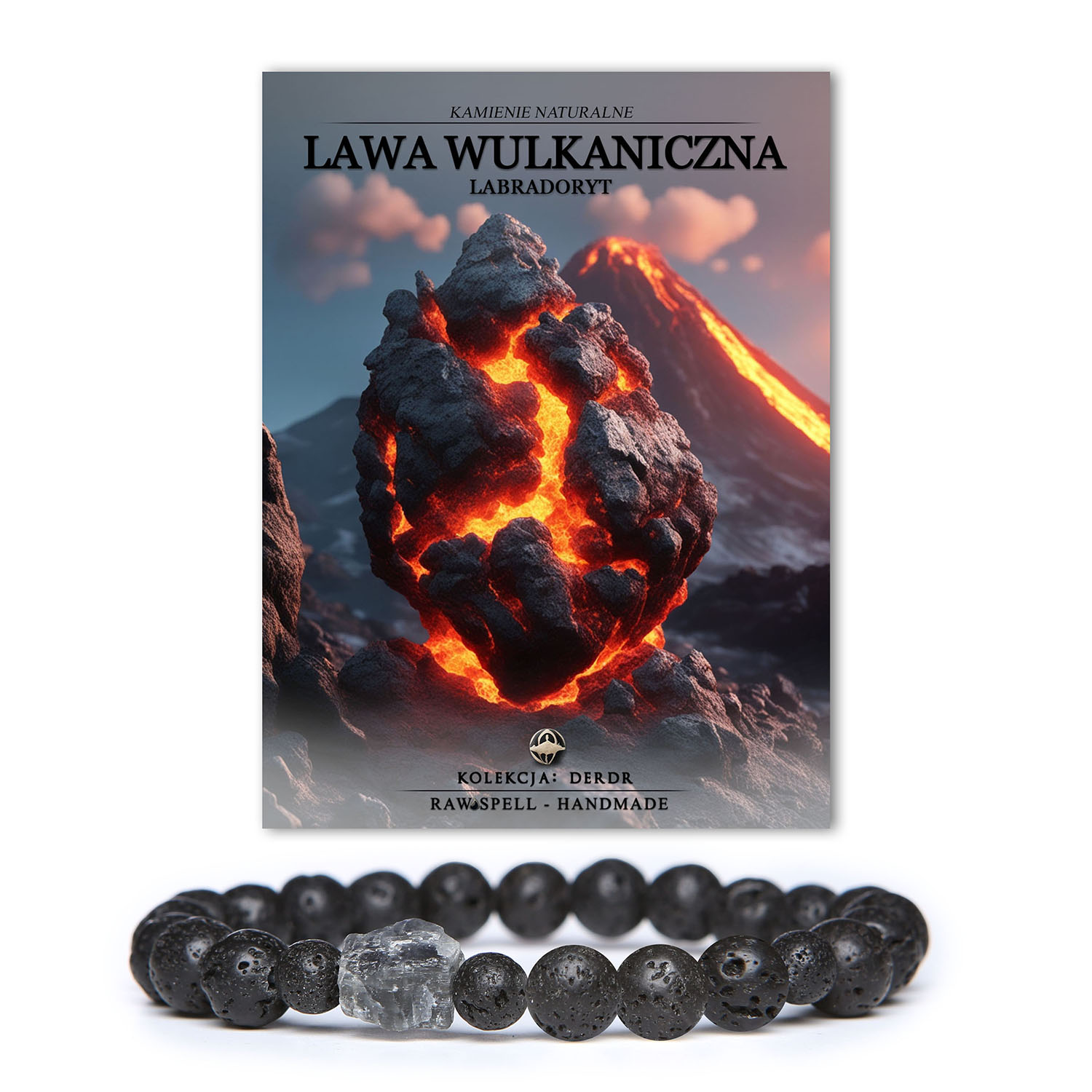 Bransoletka Derdr z lawą wulkaniczną i labradorytem, unikalna biżuteria z naturalnych kamieni dla płci żeńskiej i męskiej.