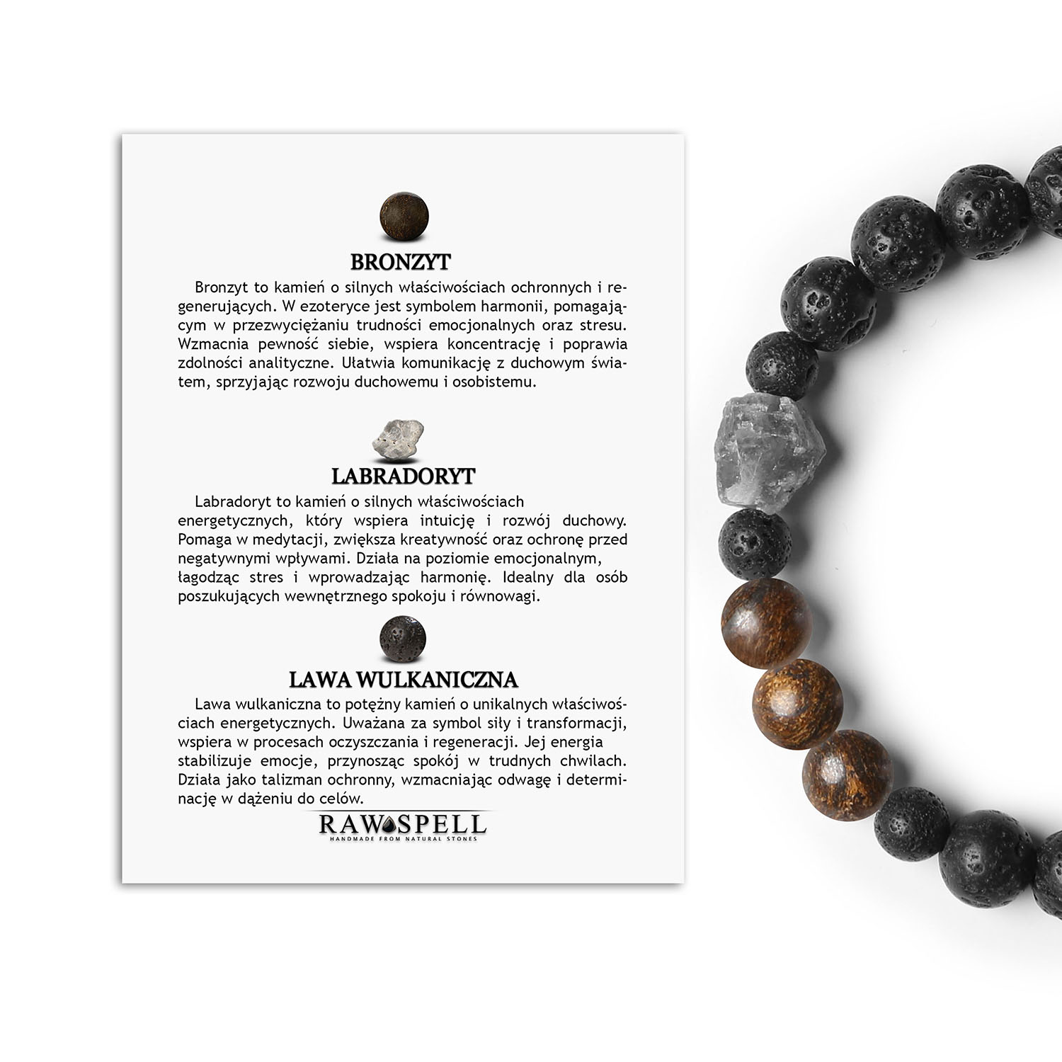 Bransoletka z kolekcji Derdr z kamieniami bronzyt, labradoryt, lawa wulkaniczna. Idealny dodatek dla kobiet i mężczyzn Elegancka bransoletka z kolekcji Derdr, składająca się z bronzytu, labradorytu i lawy wulkanicznej - unisexowa biżuteria z naturalnych kamieni.