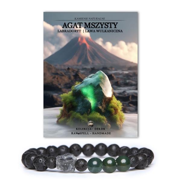 Bransoletka Derdr z agatami mszystymi, labradorytem i lawą wulkaniczną – naturalne kamienie dla kobiet i mężczyzn.