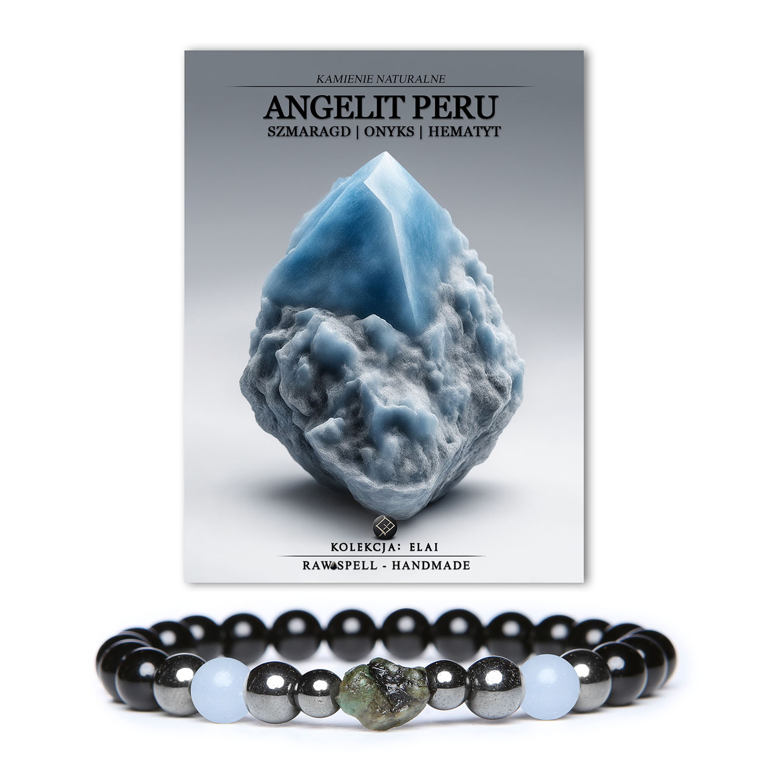 Stylowa bransoletka z kolekcji Elai, złożona z naturalnych kamieni: angelitu z Peru, szmaragdu oraz onyksu i hematytu grafitowego, idealna na każdą okazję.