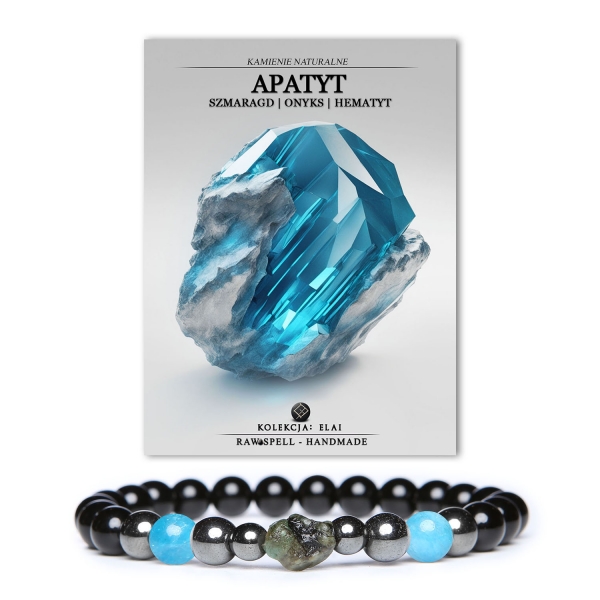Elegancka bransoletka Elai z kamieniami: apatyt, szmaragd, onyks i hematyt grafitowy; dostępna dla kobiet i mężczyzn.