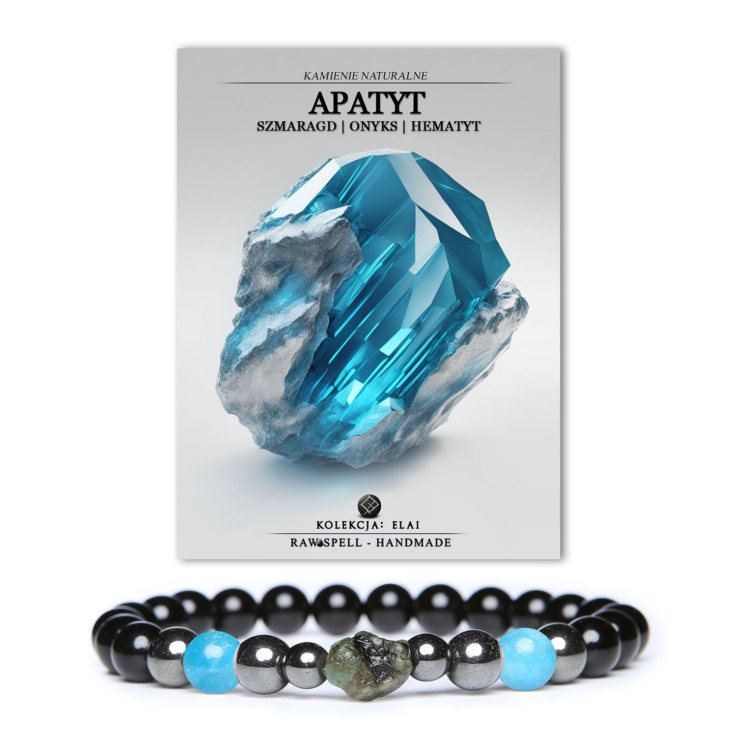 Elegancka bransoletka Elai z kamieniami: apatyt, szmaragd, onyks i hematyt grafitowy; dostępna dla kobiet i mężczyzn.