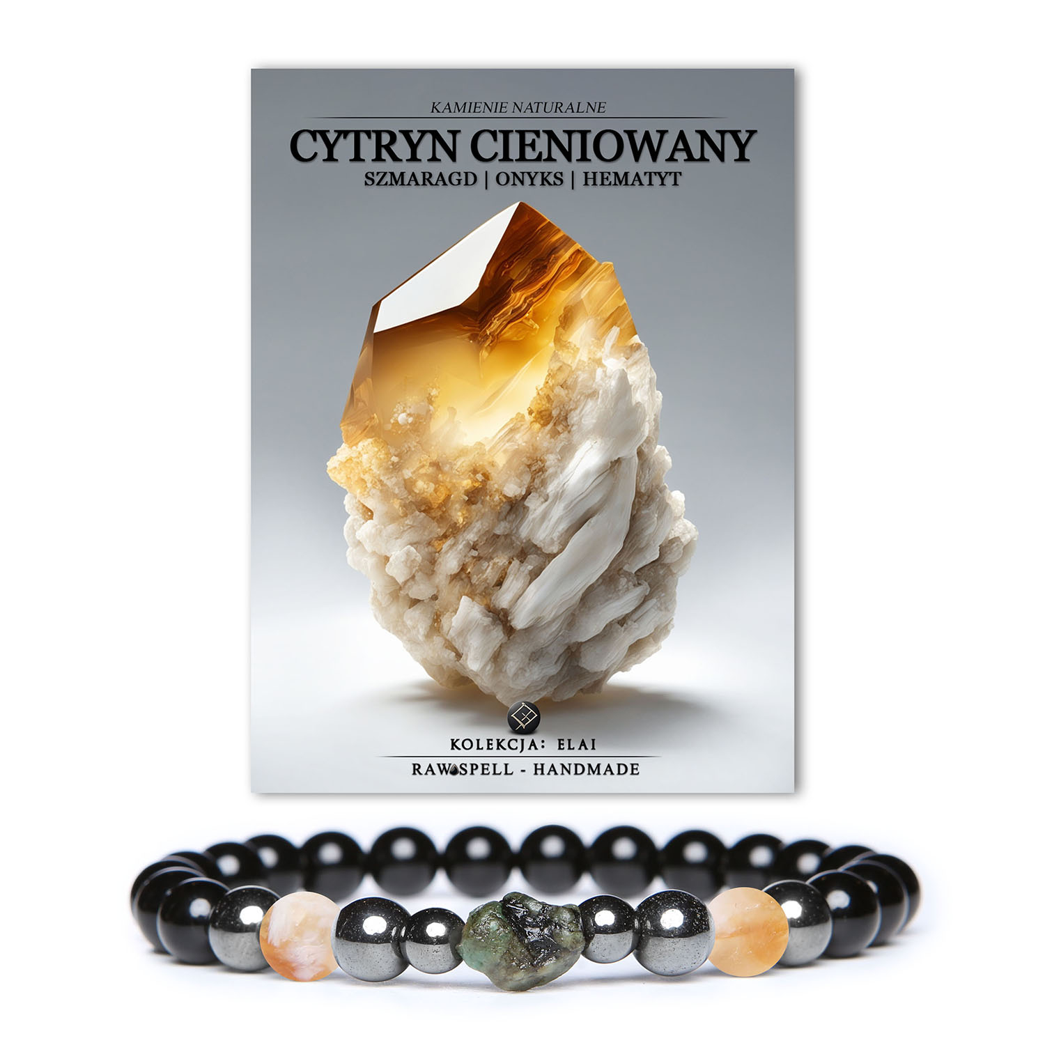 Bransoletka Elai z cytrynem cieniowanym, szmaragdem, onyksem i hematytem grafitowym – elegancka biżuteria damska i męska.
