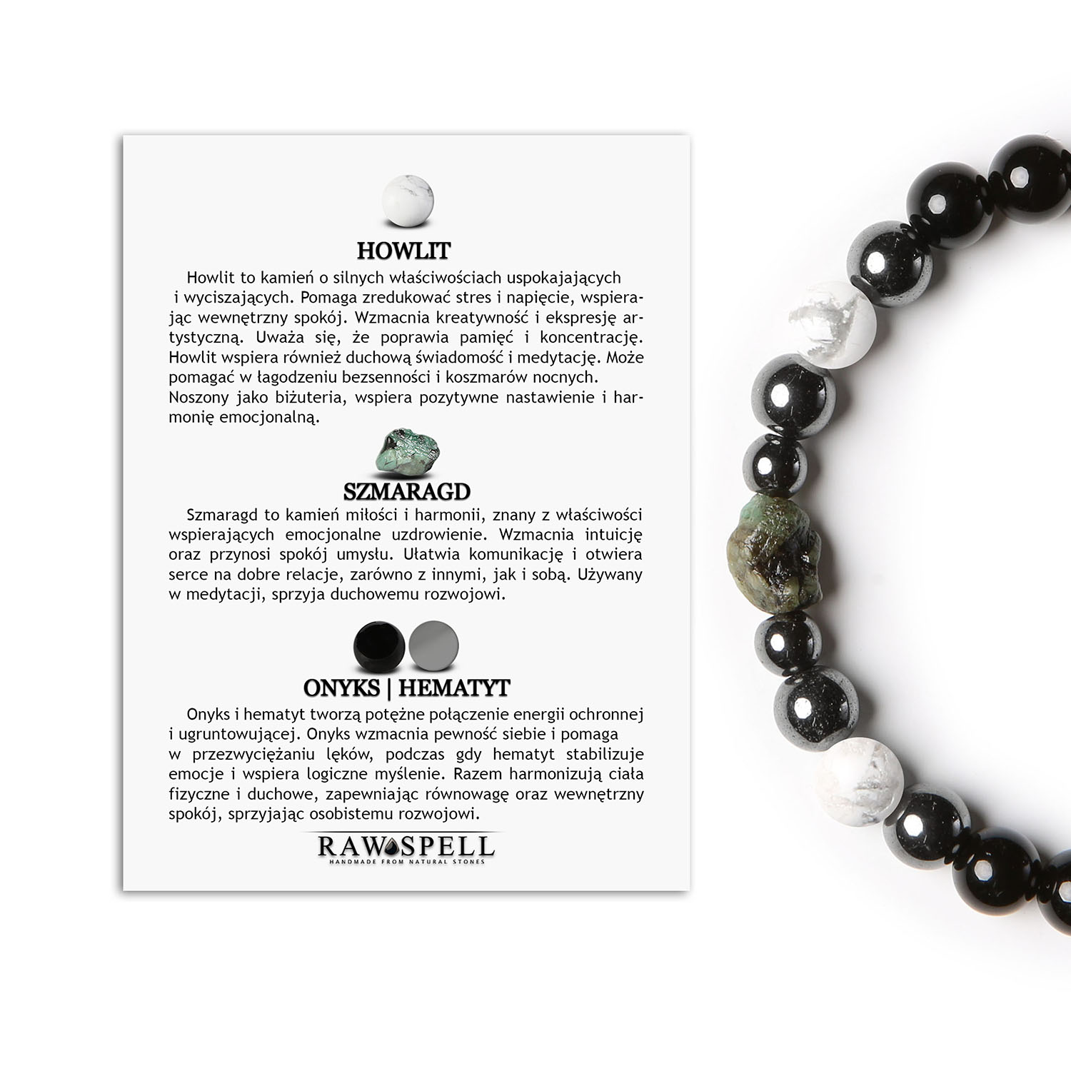 Bransoletka z kolekcji Elai Howlit, Szmaragd, Onyks, Hematyt Grafitowy – wyjątkowy styl dla każdego Bransoletka z kolekcji Elai, wykonana z howlitu, szmaragdu, onyksu i hematytu grafitowego, idealna dla kobiet i mężczyzn.
