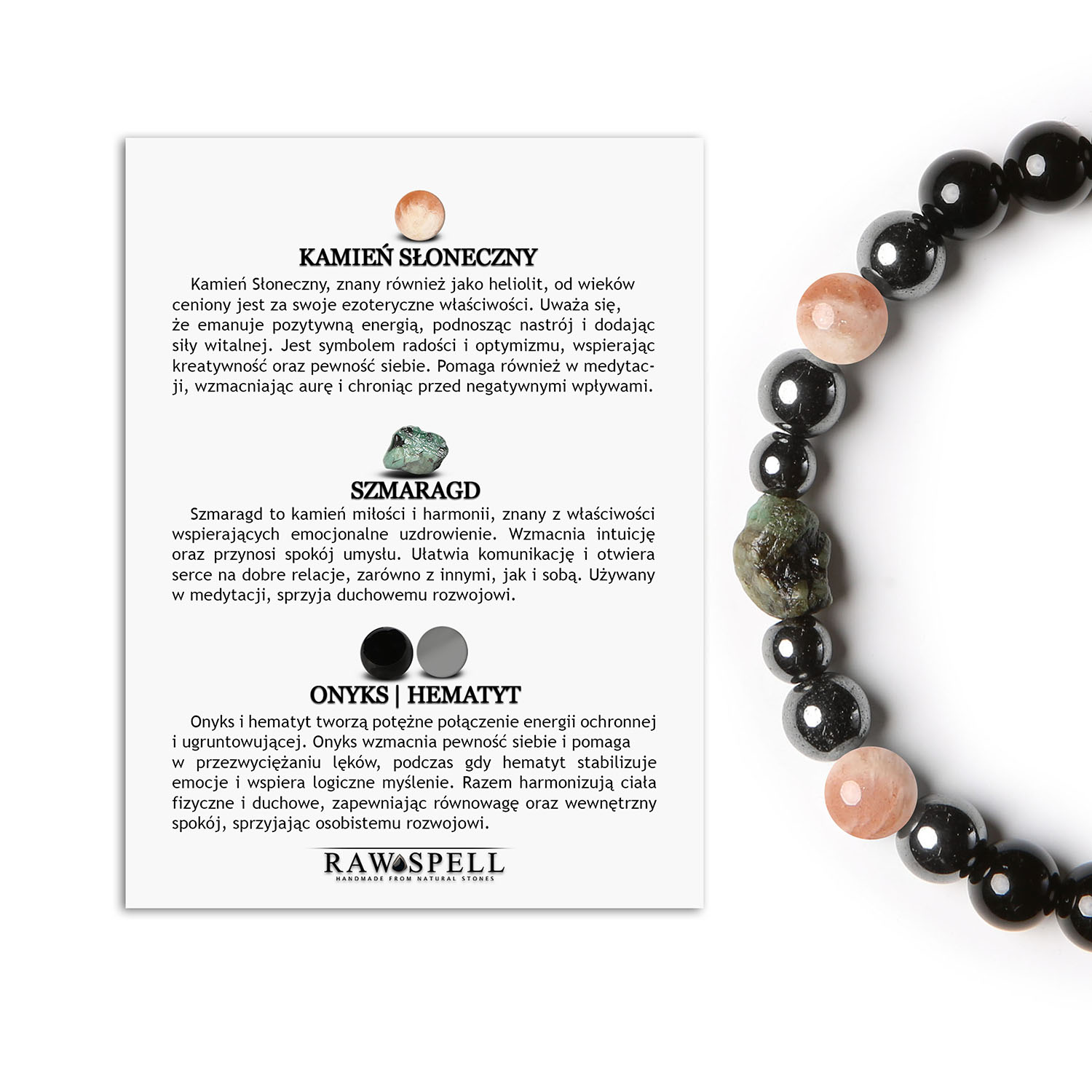 Bransoletka z kolekcji Elai Kamień Słoneczny, Szmaragd, Onyks i Hematyt Grafitowy. Damska i męska Elegancka bransoletka Elai, wykonana z kamienia słonecznego, szmaragdu, onyxu i hematytu grafitowego, idealna dla kobiet i mężczyzn.