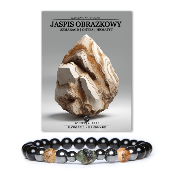 Kolekcja Elai - bransoletka z jaspisem obrazkowym, szmaragdem, onyksami i hematytem grafitowym, pasująca do każdej stylizacji, unisex.